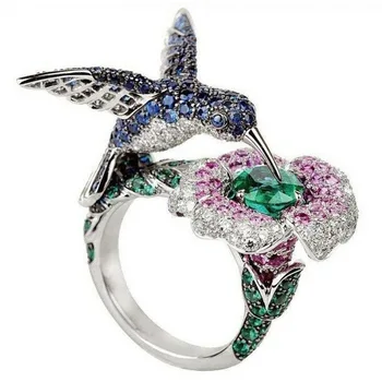 Módne dámske Strieborné Pozlátené Crystal Kamienkami Vták Kvet Svadobný Prsteň Zásnubný Šperky Darček #267974