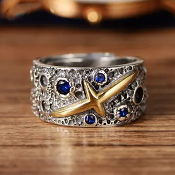 S925 striebro originálny dizajn vykladané modrý zirkón despotický retro hviezdna tvar základne pánske šperky otvorenie nastaviteľný krúžok
