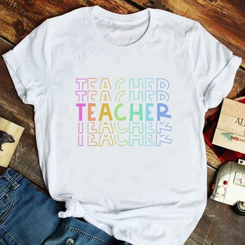 Učiteľ Rainbow Tlače Ženy Graphic Tee Bežné Krátke Sleeve T Košele Harajuku Tričko Žena Kawaii Učiť Biele tričko Camisetas