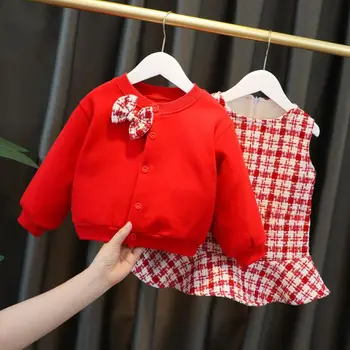 Zimné Dieťa Dievča Oblečenie Nastaviť Deti Zahustiť Plyšové Kockované Šaty+Cardigan Kabát Dve Kus Batoľa Dievča Oblečenie Bežné Dieťa Baby Oblek