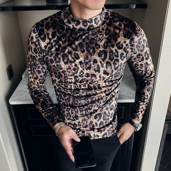 Top Kvalita Mužov Tričko Fashion 2021 Jeseň Zima Slim Fit Bežné T-Košele Mens Dlho Rukáv Vysoký Golier Leopard Tlač Topy&Tees