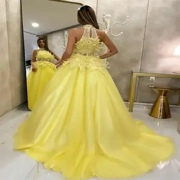 Sevintage Žlté Plavky S Uväzovaním Za Perie Večerné Šaty Plesové Šaty Plus Veľkosť Quinceanera Šaty Tylu Satin Princezná Čipky Prom Šaty