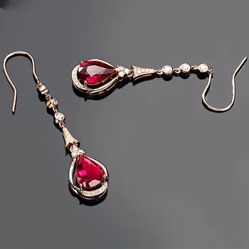 Luxusné drahé kamene rubín red crystal zirkón diamanty dlho visieť drop náušnice pre ženy rose gold tón šperky bijoux strany dary