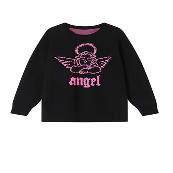 Nové jeseň/Zima 2021 čiernej a fialovej dlhým rukávom knitwear zostrojenia roztomilý anjel sveter