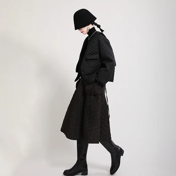 [EAM] Black Veľká Veľkosť Krátke Bavlna-vatovaný Kabát Dlhý Rukáv Loose Fit Ženy Parkas Módne Prílev Nových Jeseň Zima 2021 1DD2159