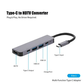 Nový 5-Port 5 V 1 Typ-C na PD USB*2 HDTV TypeC Adaptér pre Multi-Funkčné Converter 4K pre Macbook HDTV, Projektor, PC Notebook