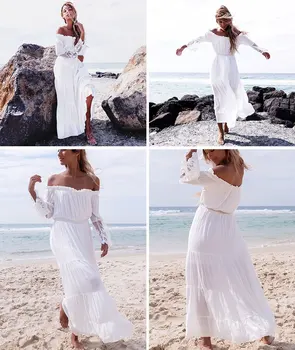 Plážové Šaty Biele Ženy Sexy Ramena Čipky Patchwork Letné Beach Sundress Dámy Lomka Krku Maxi Šaty č pásu