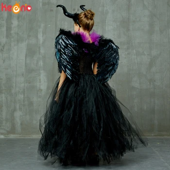 Maleficent Čierne Šaty Tutu Šaty s Deluxe Rohy a Krídla Dievčatá Darebák Maškarný Deti Halloween Cosplay Kostým Čarodejnice