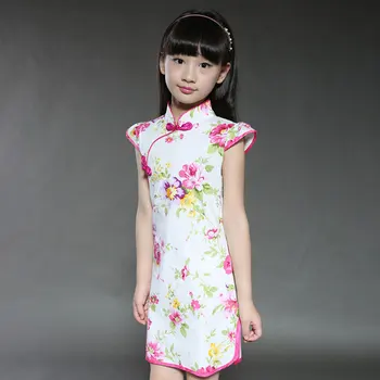 Letné Cheongsam Čínske Tradičné Oblečenie Detí Dievča Cheongsam Šaty Krátke Rukáv Bavlna Výkon Oblečenie Dievča Qipao