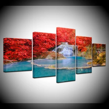 Maliarske plátno vodopád s červený javorový list krajiny 5 Kusov Múr Umenia Maľby Modulárny Tapety, Plagát, Tlač Domova