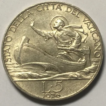 Vatikán 1936 5 Líry Plachtenie Striebornú Mincu 5g 23 mm 83.5% Striebra Reálne Pôvodných Mincí Mene Mince Unc