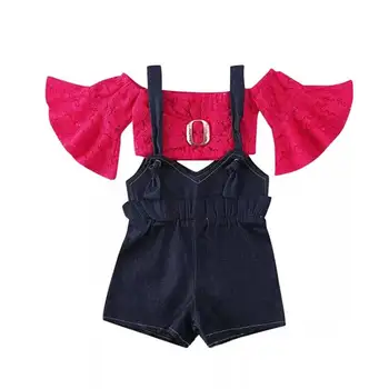 2020 Letné Módne Dieťa Dievča Oblečenie Nastaviť Ružové Svetlice Rukáv Čipky Hore+Denim Podväzkové Nohavice 2ks Vyhovovali Batoľa Deti Oblečenie