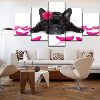 Vytlačené Plátno Modulárny Obrázok Dekor Rámec Wall Art 5 Panel Zvierat, Francúzsky Bulldog A Petal Plagát Moderného Domova Umelecké Diela