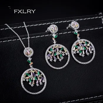 FXLRY Luxusná Biela Farba/Multi Color CZ Zirkón Prívesky, Náhrdelníky A Náušnice, Sety Pre Ženy Brincos Bijoux Svadobné Šperky