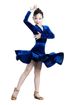 Velvet dlhé rukávy latinské tanečné šaty pre deti, dievčatá súťaže sála deti tango salsa dancewear praxi nosenie cha cha