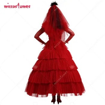 Beetlejuice Lydia Deetz Gotický Červené Svadobné Štýle Šaty Cosplay Kostým na Halloween s Headdress