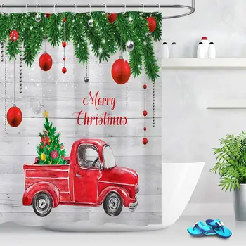 Červený Kamión Vianočný Darček Cartoon Sprchový záves Veselé Vianoce Kúpeľňa Dekorácie Umývateľný Bez Vyblednutiu Vaňa Opony A Mat
