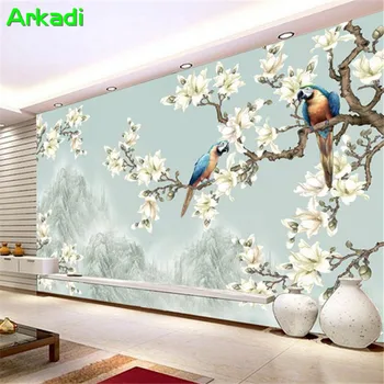Nová Čínska magnolia papagáj foto tapety 3D Čínsky ručne maľované kvety a vtáky nástenná maľba, spálne, TV späť obývacia izba gauč