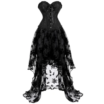 Korzet šiat, vysoké a nízke tylu sukne dlhé čipky korzet bustier plus veľkosť gotický maškaráda kostým, šaty korsett sexy čierne 6xl