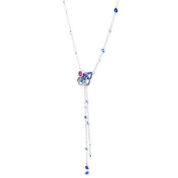 Blue & Ružová Ventilátor Y-Náhrdelník pre Ženy Jasné, CZ HeartsLong Reťazca Striebro 925 Šperky Vyhlásenie Náhrdelníky