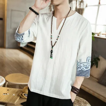Tradičná Čínska Top pre Človeka Retro tvaru Polovičný Rukáv Hanfu Tričko Letná Vlna Výšivky Muž Topy Ázijské Harajuku T-shirt