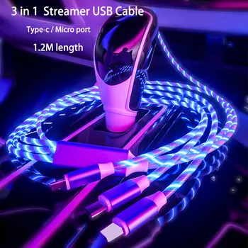 Streamer nabíjací kábel pre samsung s10 s20 svetelný 3 v 1 typ-c micro usb, rýchle nabitie drôt pre huawei mate30 p30 oppo xiao