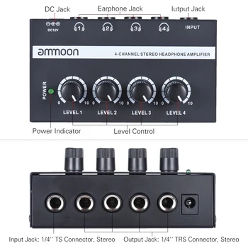 Ammoon HA400 Ultra-kompaktný 4 Kanály Mini Audio Stereo Slúchadlový Zosilňovač s napájacím Adaptérom na Hudobné nástroje, Príslušenstvo