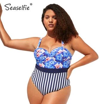 SEASELFIE Plus Veľkosť Lisované Poháre Modrá Kvetinový Prúžok jednodielne Plavky Ženy Veľké celé plavky na Kúpanie Oblek 2021 Pláži Plavky