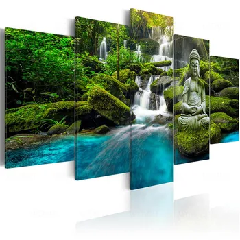 Sochu Budhu Umenie Výtlačkov Waterfull Plagát Plátno Umenia 5 Kusov Modulárny Obrázky Zelenej Prírody Nástenné Maľby Spálňa Domova