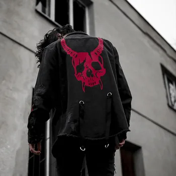 Ybaby Harajuku Gotický demon hunter kostry čierna denim jacket pánske rock, punk ťažkých kovov šatka otvor street style