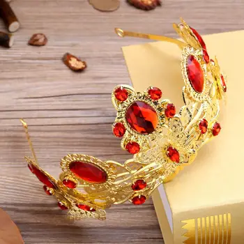 Klasické jednoduché červené drahokamu nevesta hairband Barokový red royal crown headdress svadobné vlasové ozdoby