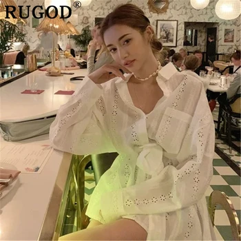 RUGOD kórejský duté z bielych žien dlhá blúzka Elegantné voľné dlhý rukáv-belted košele Príležitostné letné topy ženské oblečenie 2019