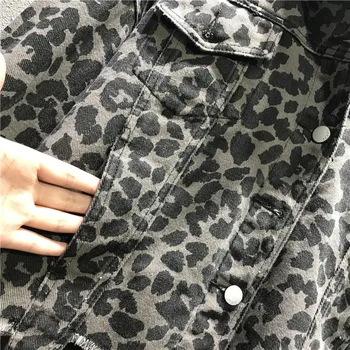 2020 Jeseň Ženy Leopard Tlač Denim Jacket Streetwear Módy Klope Vrecko Džínsy Bunda Ženy Voľné Harajuku Bunda Džínsy Kabát