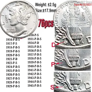 76pcs USA Mince Replika 1916-1945 Ortuť Dime Mincí Rôznych Rokov 2,5 g mince