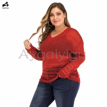 Aygaiyigu Plus Veľkosť Ženy, Ľahké Svetre Veľká Veľkosť Dámy Tenká Červená Svetre tvaru Dlhý Rukáv Duté Sa Pletené Oblečenie