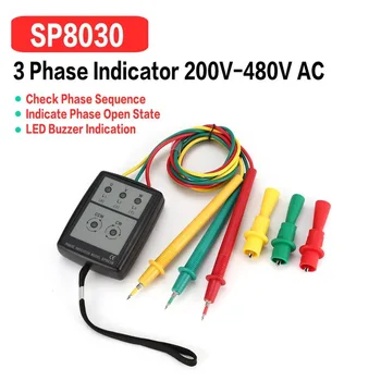 SP8030 3 Fáze Otáčania Tester Digitálny Indikátor Fázy Detektor LED Bzučiak Sled fáz Merač Napätia Tester 200V-480V AC