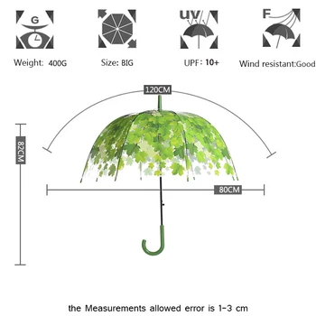 Yesello Transparentné Zahustiť PVC Húb Zelené Listy Dážď Jasné Leaf Bublina Dáždnik