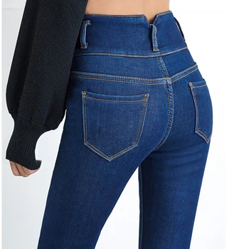 ženy Cashmere štíhly pás chudá Džínsové nohavice Mama zahusťovanie teplé vysoký v strede zúžený džínsy zimné vintage plus veľkosť nohavice