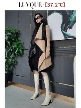 DEAT 2021 nové zimné móda ženy oblečenie šatku golier plné rukávy vlna bunda patchwork kontrast farieb kabát WO6901L