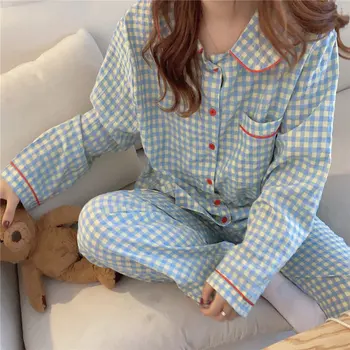 2021 Jeseň Hot Predaj Koberčeky Sleepwear Bežné Pyžamo Elegantné Tenké Ženy Geometrické Nové Pohodlné Voľné Pyžamo Sady