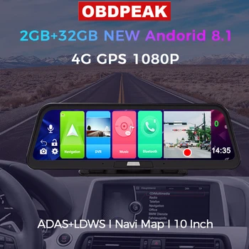 10 Palcový Android 8.1 DashCam ADAS 2GB+32GB Auta DVR Zrkadlo Fotoaparátu 4G WIFI, GPS, Bluetooth Full HD 1080P Video Rekordér So Zadné Vačky