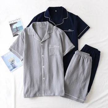 Japonský lete pár pyžamo vyhovovali bavlna, krep dámske jednofarebné jednoduché krátke puzdre tričko pyžamo šortky pánske domov služby