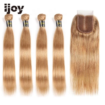 Ľudské Vlasy Zväzky S 4×4 Čipky Uzavretie Rovné Vlasy Farebné Honey Blonde Brazílsky Vlasy Čierne Ženy Non-Remy IJOY