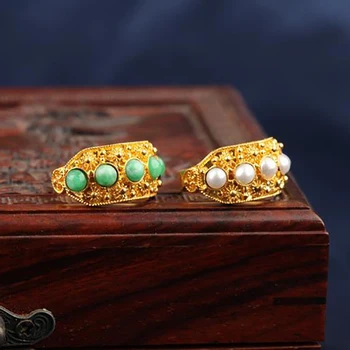 Prírodné Hetian jaspis pearl otvoriť krúžok Čínsky retro palác štýl jedinečné antické zlato plavidlá kúzlo dámske strieborné šperky