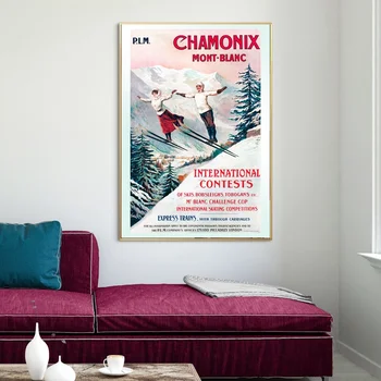 Vintage Cestovné Nostalgia Lyžiarske Chamonix Mont Blanc Plagát Umelecké Plátno Plagát Obývacia Izba Domov Stenu Decor (Bez Rámu)