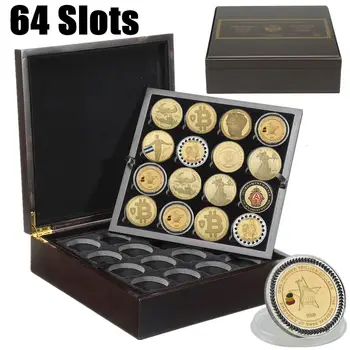 64 Sloty 4 Vrstvy Drevených Výzvou Mince Displej Prípade Úložný Box Zber Pamätné Mince Box Vhodný pre 4cm Mince Hnedá