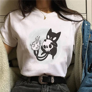 Ženy Tričko Black Cat Tričko Vražedné Mačka Nôž Ženy Vtipné Tričko Halloween Cartoon Topy Tees Femme Camisetas Verano Mujer