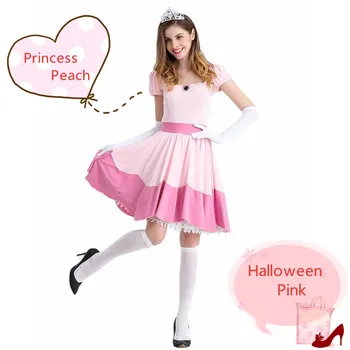 Halloween Kostým Pre Ženy, Super Mario Brothers Princezná Peach Cosplay Šaty Rukavice Koruny Sladký Ružový Oblek
