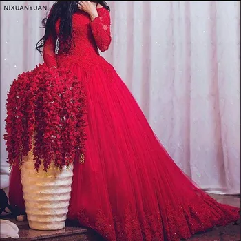 Vestido De Novia 2021 Plesové Šaty, Červenej Čipky Dlhý Rukáv Svadobné Šaty Moslimských Appliques Korálkové Princezná Svadobné Svadobné Šaty