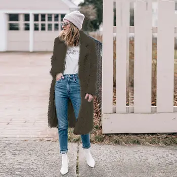 2019 Zimné Móda Ženy Plyšové Dlho Outwear Bundy Teplé Teddy Kabát Bežné Streetwear Dámy Dlhý Kabát